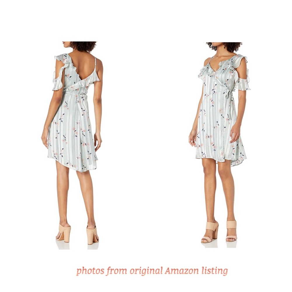 ASTR Cold Shoulder Ruffle Mint Floral Satin Short Wrap Dress, Size L, NWT